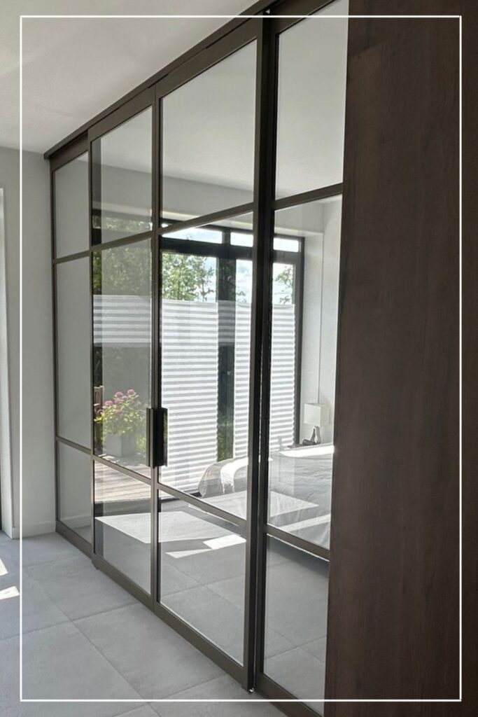 stalen schuifpui Classic Nº 6 Skygate slaapkamer stalen schuifdeur met glas en vast paneel