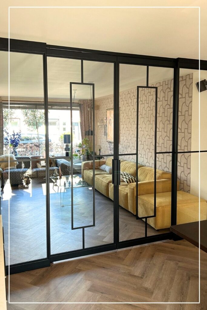 Skygate metallic schuifdeur, maatwerkdesign als stijlvolle woonkamerafsluiting met glas.
