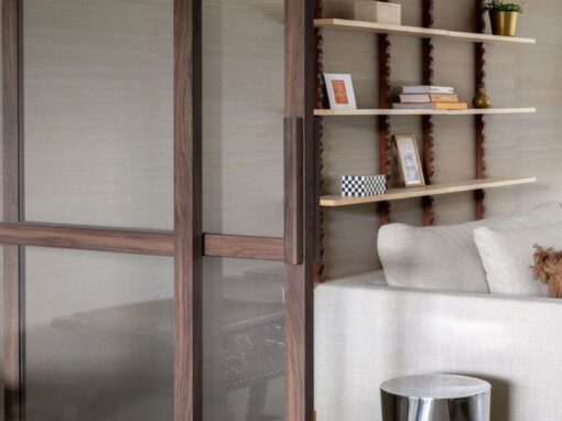 dubbele houtlook stalen schuifdeuren met vaste panelen – Utrecht