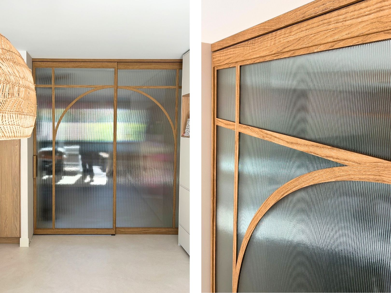 Stalen schuifdeuren houtlook met boogdesign