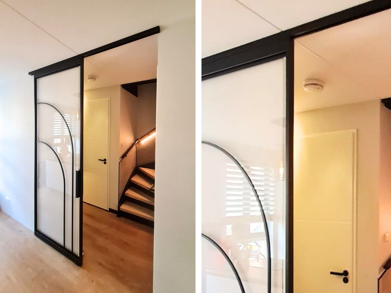 Zwarte stalen schuifdeur aan de wand met ronde bogen en helder glas van Skygate