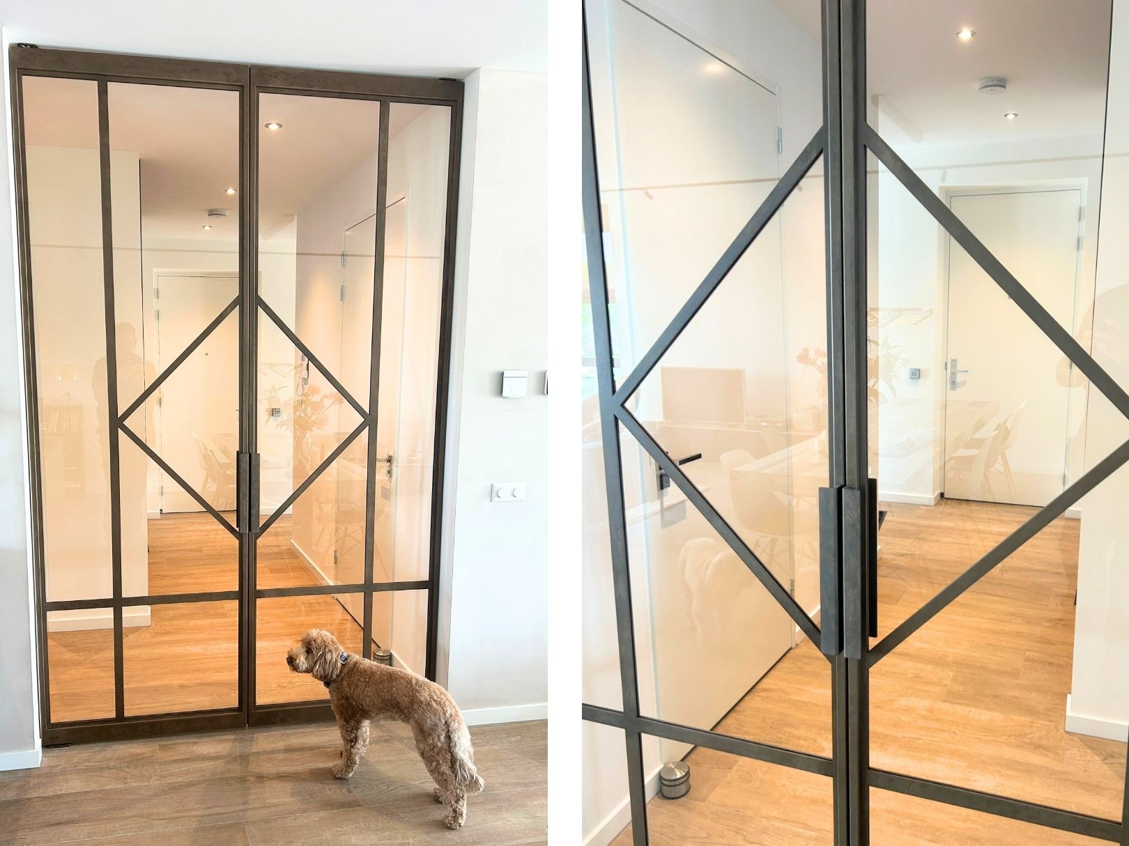 Dubbele stalen taatsdeur met geometrische glasverdeling en helder glas van Skygate