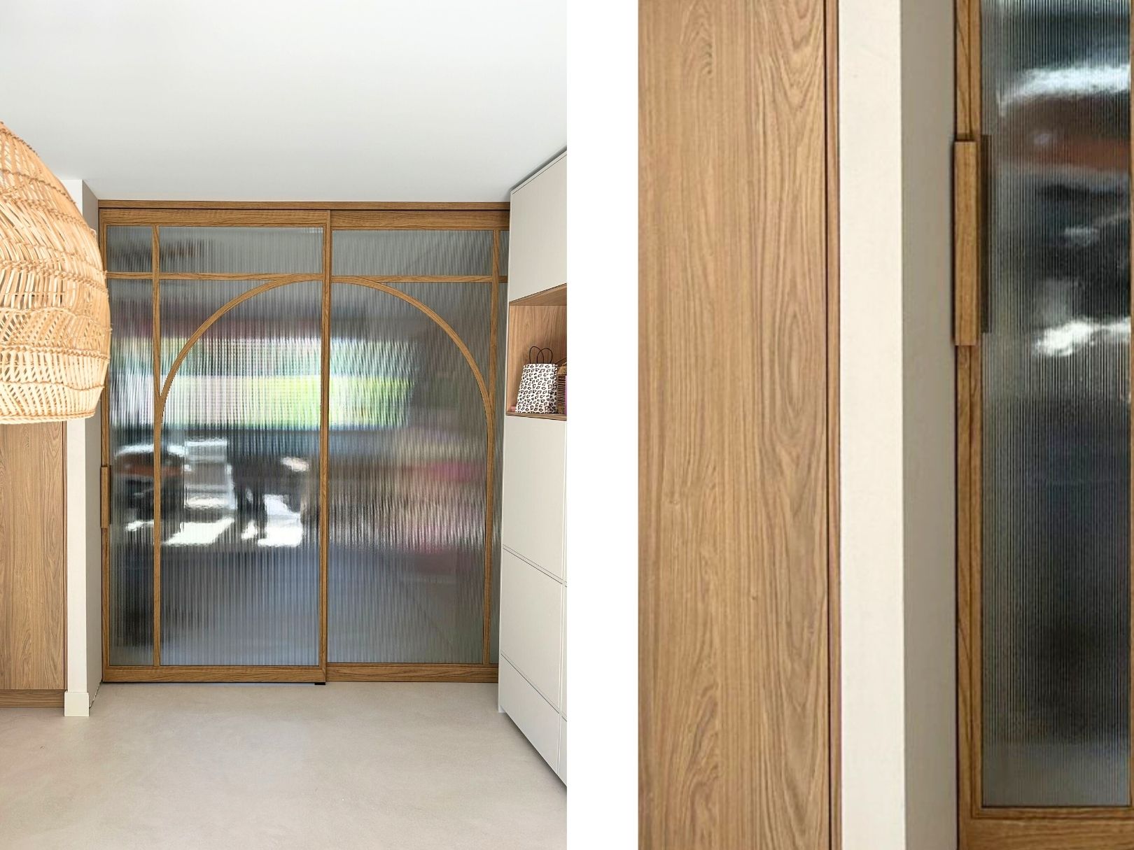 Stalen schuifdeuren houtlook met boogdesign
