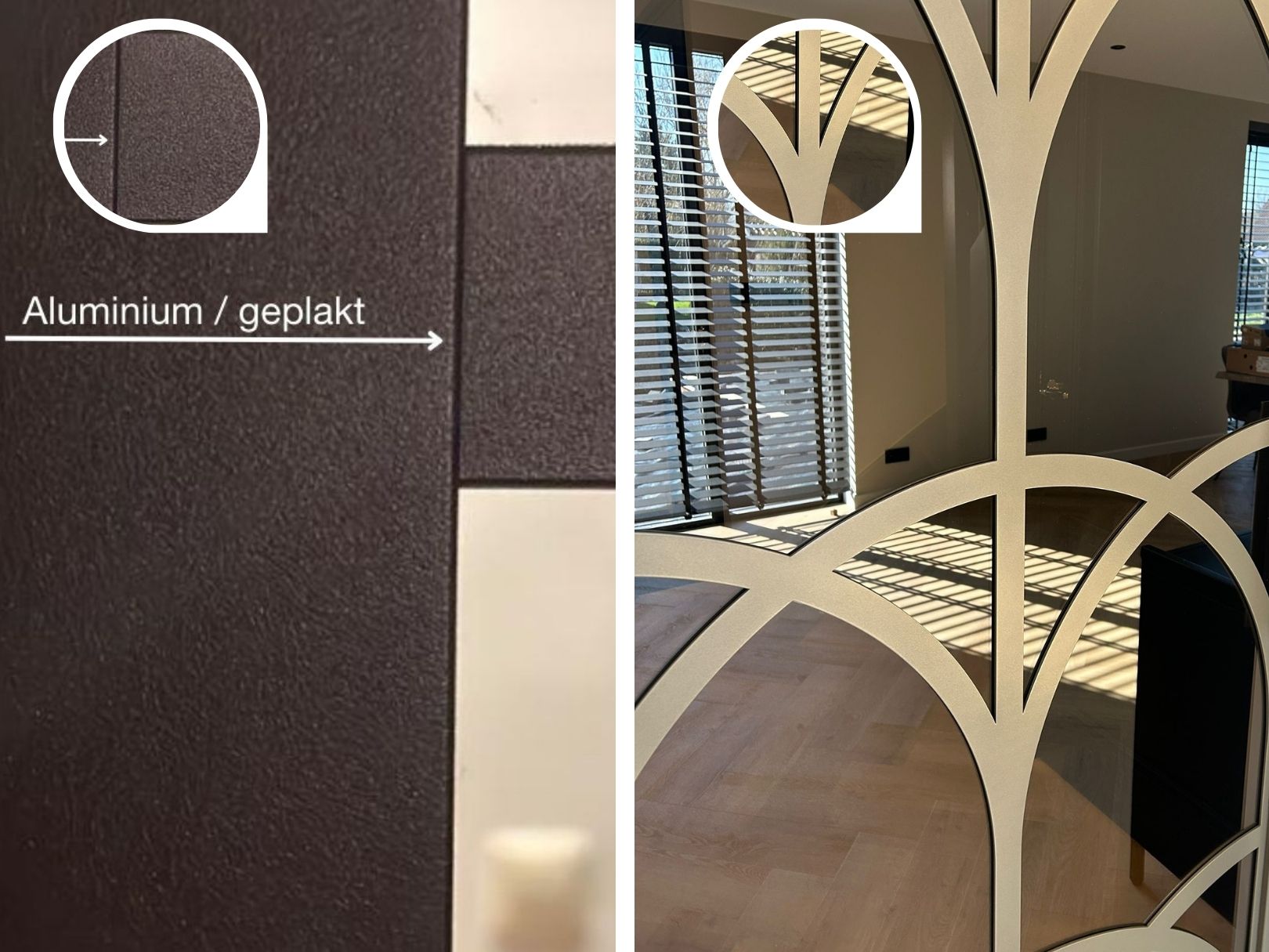 Houtlook stalen schuifdeur met ribbelglas en organische vormen op maat