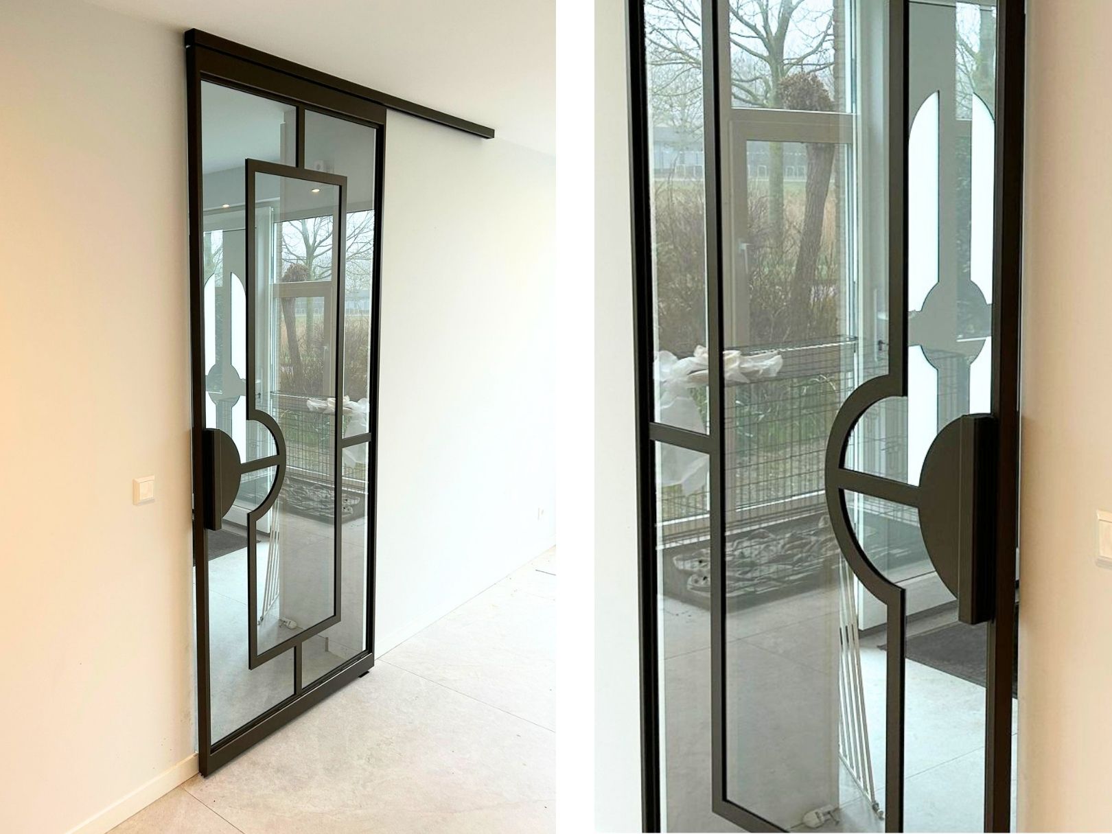Stalen schuifdeur op de wand met rond design en helder glas van Skygate