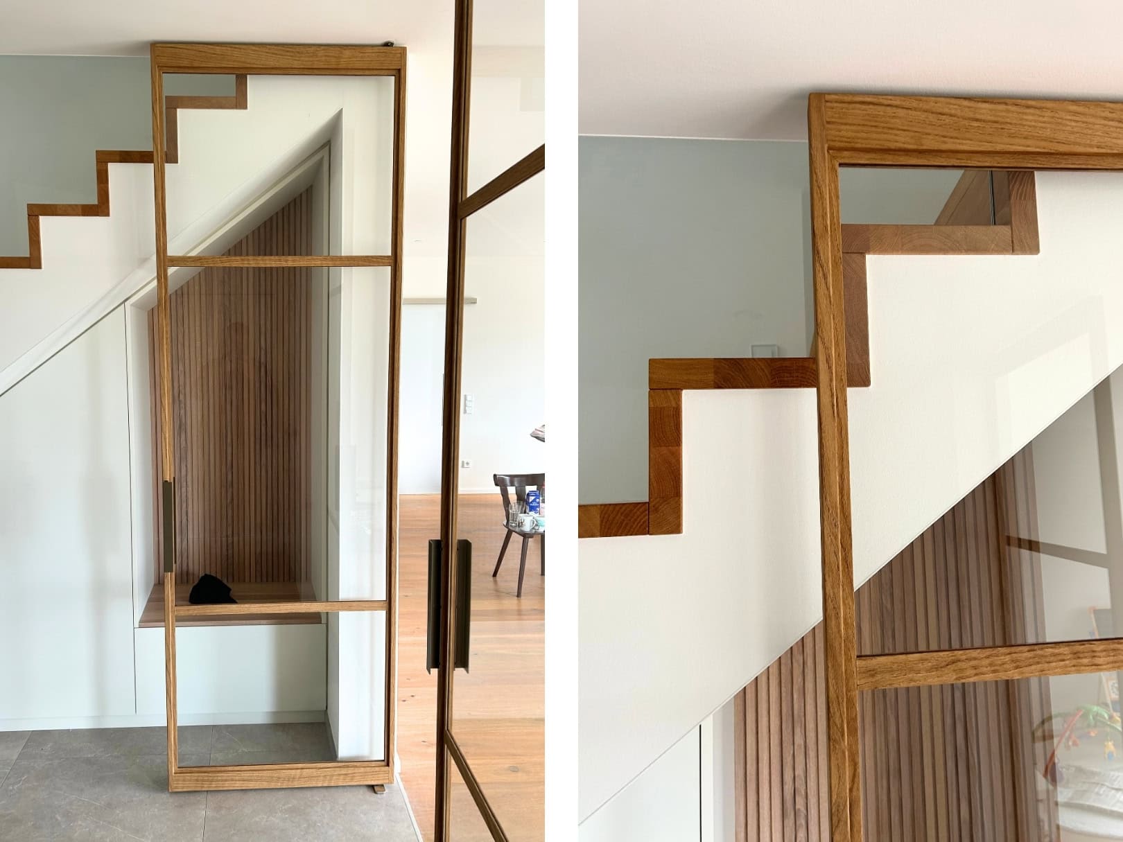 Stalen deur met houtlook afwerking, helder glas en maatwerk vlakverdeling bij trap